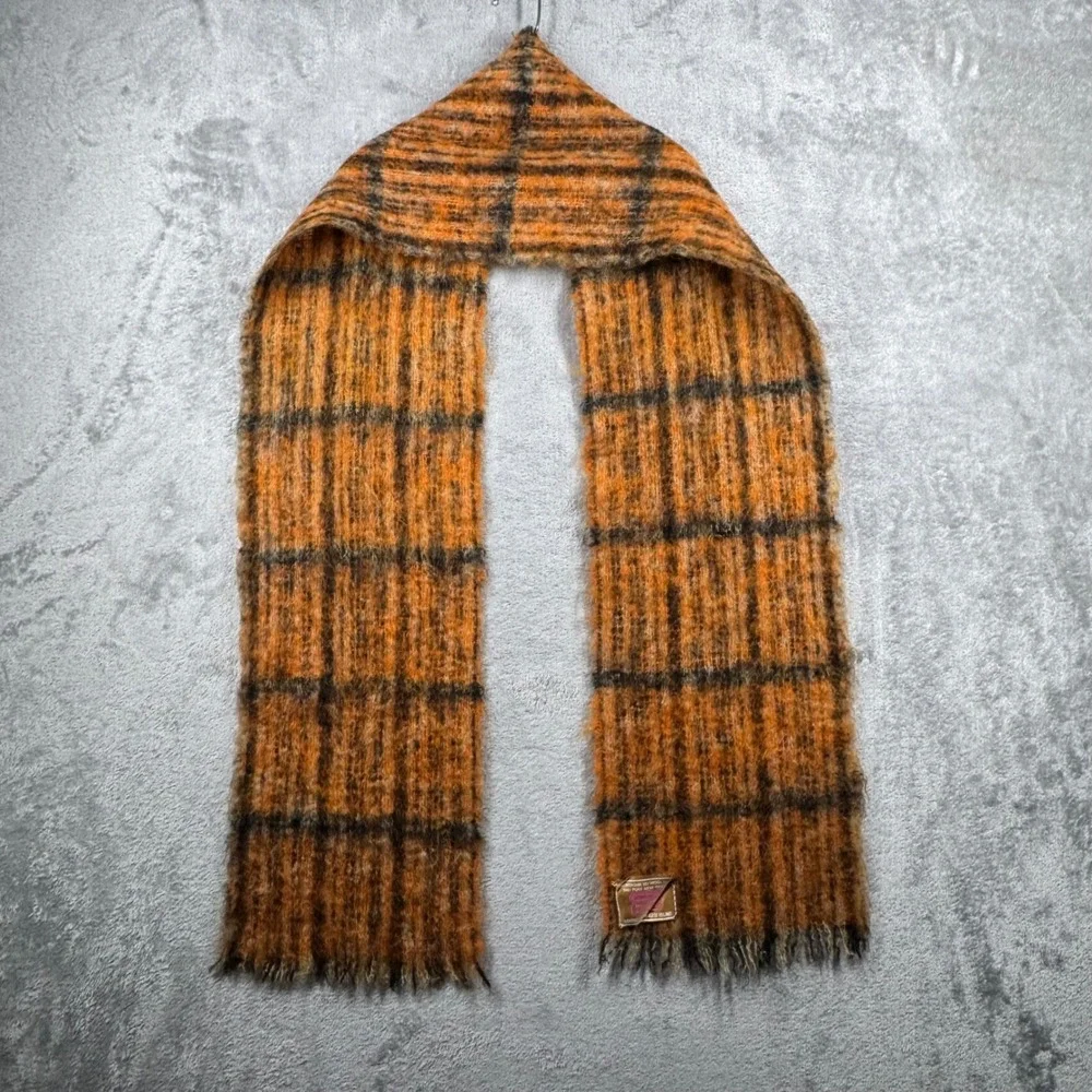 Hemmings Vintage Irish Plaid Scarf Mohair Wool‎ Orange Grunge Layer Cozy Warm
